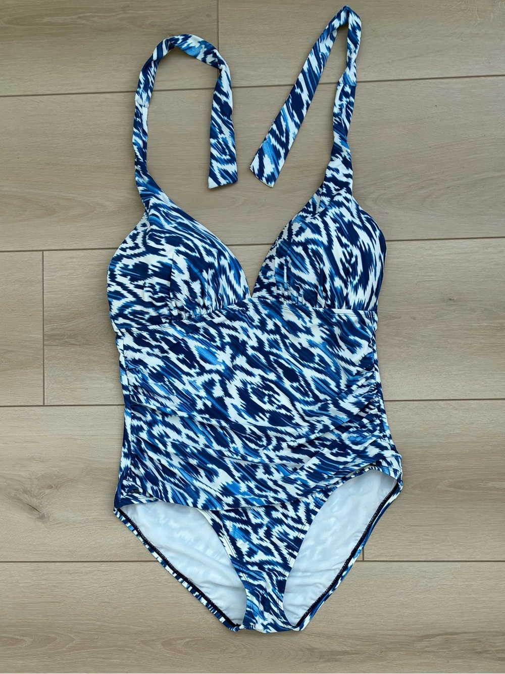 Chaps Blue and White One-Piece Swimsuit Halter Neck Ruched Size 14 XL
